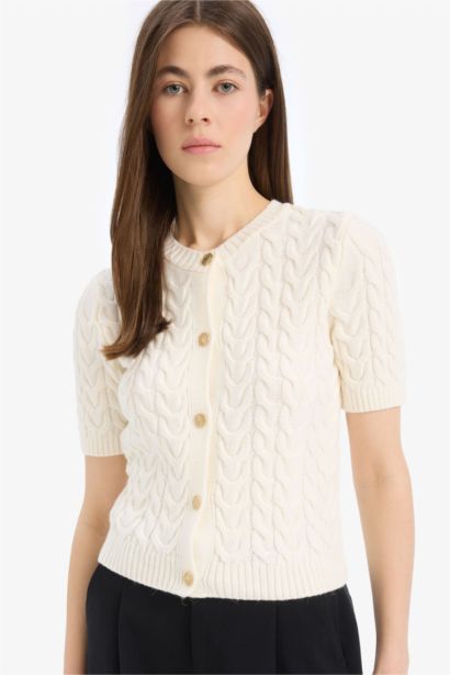 Regular Fit Bisiklet Yaka Triko Kısa Kollu Hırka