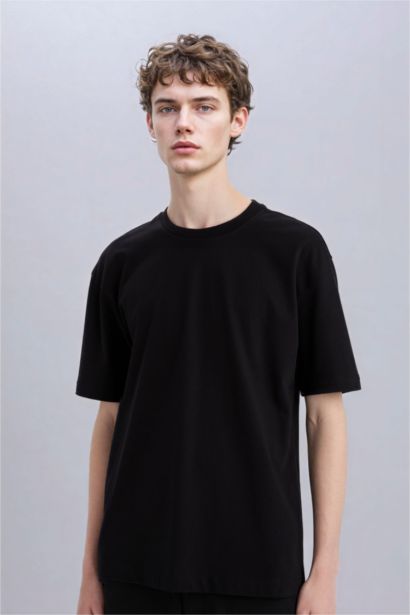 %100 Pamuk Oversize Geniş Kalıp Bisiklet Yaka Basic Düz Kısa Kollu Siyah Tişört