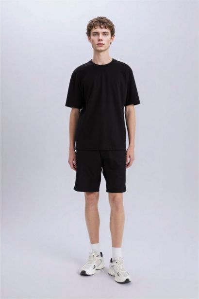%100 Pamuk Oversize Geniş Kalıp Bisiklet Yaka Basic Düz Kısa Kollu Siyah Tişört
