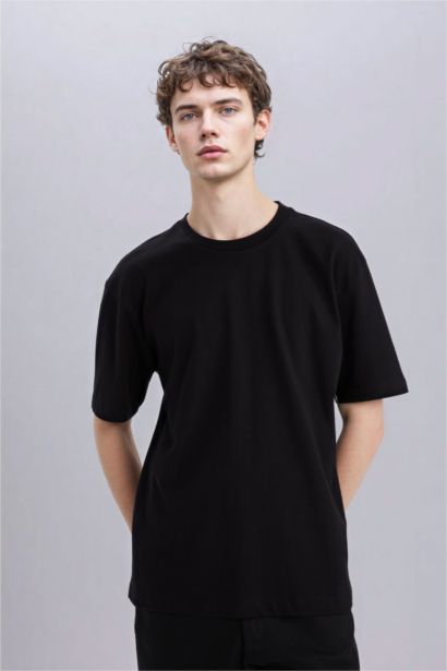 %100 Pamuk Oversize Geniş Kalıp Bisiklet Yaka Basic Düz Kısa Kollu Siyah Tişört