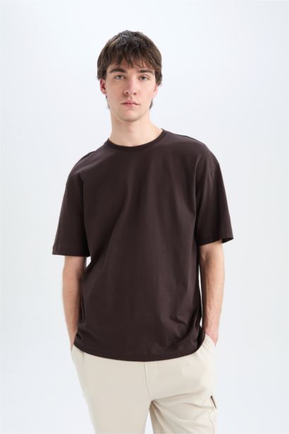 %100 Pamuk Oversize Geniş Kalıp Bisiklet Yaka Basic Düz Kısa Kollu Tişört