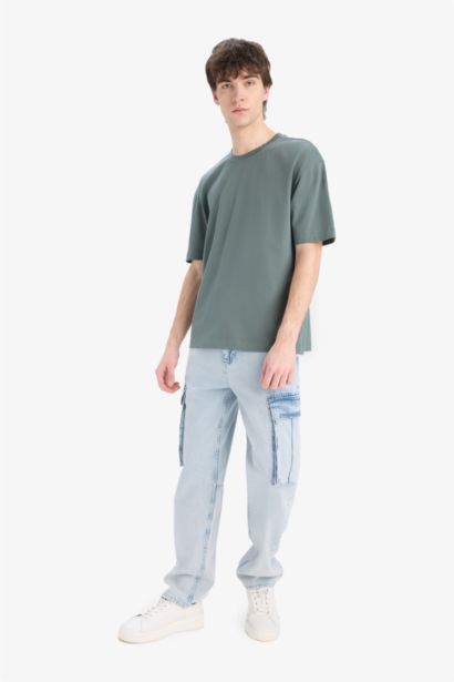 %100 Pamuk Oversize Geniş Kalıp Bisiklet Yaka Basic Düz Kısa Kollu Tişört