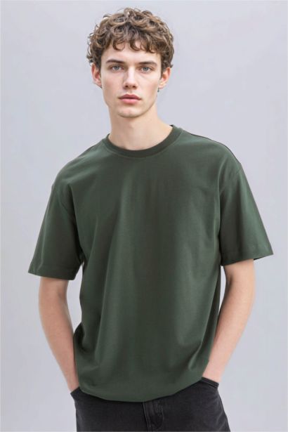 %100 Pamuk Oversize Geniş Kalıp Bisiklet Yaka Basic Düz Kısa Kollu Tişört