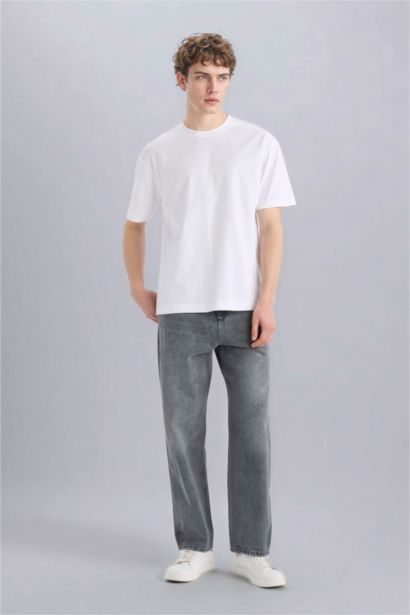 %100 Pamuk Oversize Geniş Kalıp Bisiklet Yaka Basic Düz Kısa Kollu Beyaz Tişört