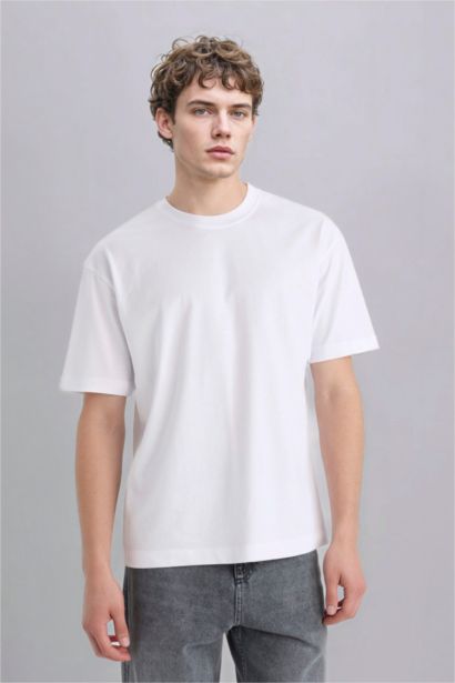%100 Pamuk Oversize Geniş Kalıp Bisiklet Yaka Basic Düz Kısa Kollu Beyaz Tişört
