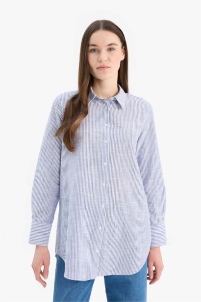 قميص مخطط قطن طويل قصة عادية