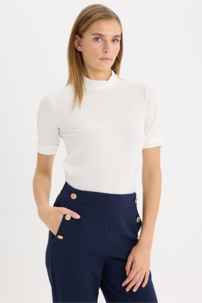 Slim Fit Half Turtleneck Ribbed Camisole Short Sleeve T-Shirt