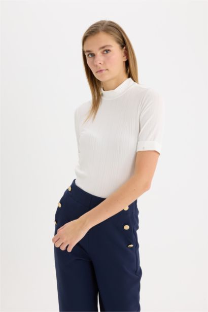 Slim Fit Half Turtleneck Ribbed Camisole Short Sleeve T-Shirt