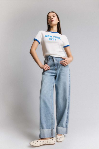 T-shirt en ribana imprimé à col rond et manches courtes Coupe régulière