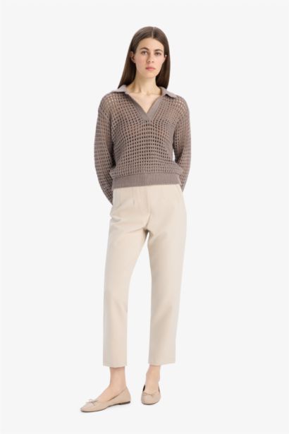 Трикотажный свитер-поло свободного кроя с ажурным узором