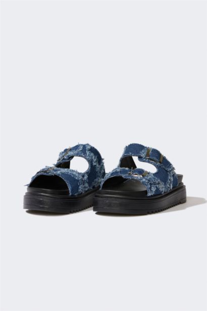 Woman Flat Sole Double Banded Denim Slippers