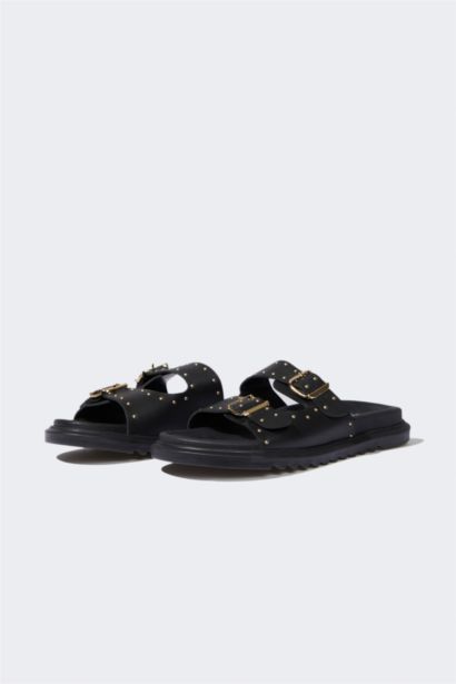 شبشب نسائي جلد صناعي بكعب مسطح بشريط مزدوج