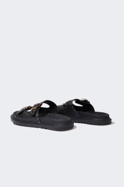 شبشب نسائي جلد صناعي بكعب مسطح بشريط مزدوج