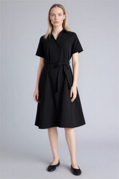 A Cut Shirt Collar Poplin Short Sleeve Midi Dress