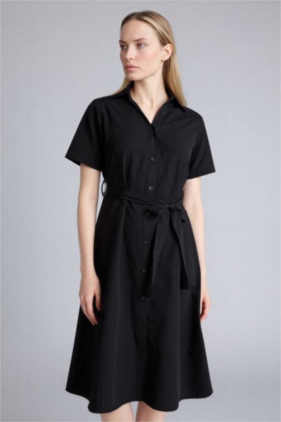 A Cut Shirt Collar Poplin Short Sleeve Midi Dress