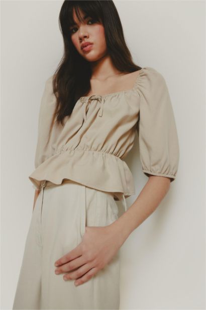 Regular Fit U Neck Linen Blend Blouse