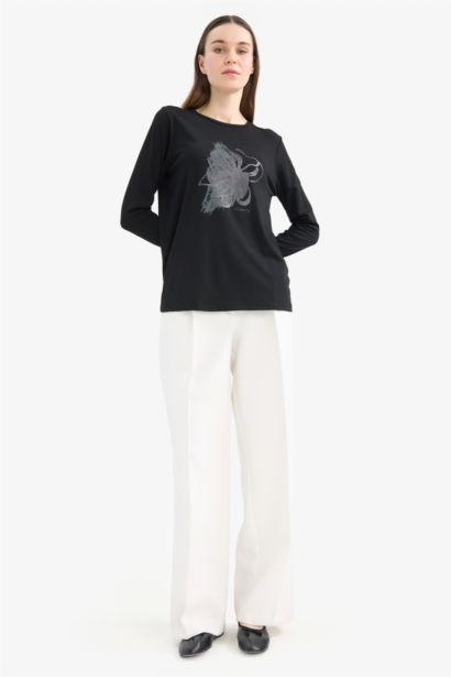 Regular Fit Bisiklet Yaka Sim Baskılı  Uzun Kollu Tişört