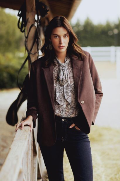 Regular Fıt Fiyonk Yaka Şal Desenli Şifon Uzun Kollu Gömlek