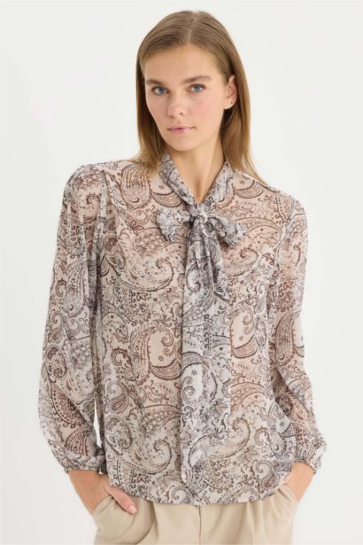 Regular Fıt Fiyonk Yaka Şal Desenli Şifon Uzun Kollu Gömlek