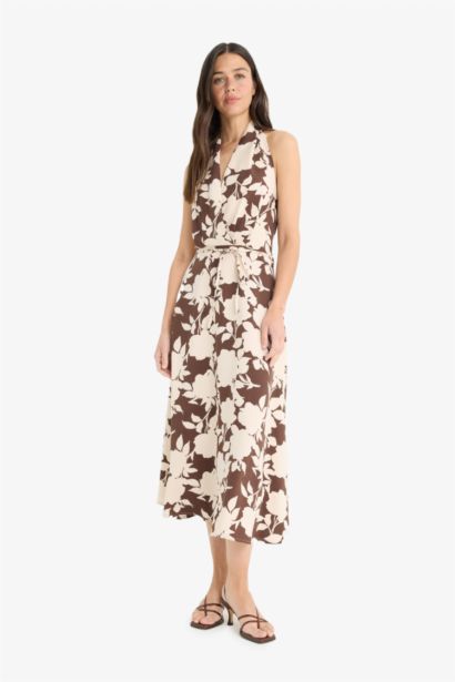 Linen Blend Halter Neck Floral Patterned Maxi Dress