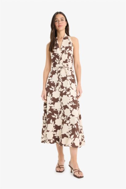 Linen Blend Halter Neck Floral Patterned Maxi Dress
