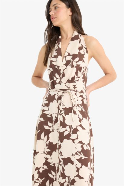 Linen Blend Halter Neck Floral Patterned Maxi Dress