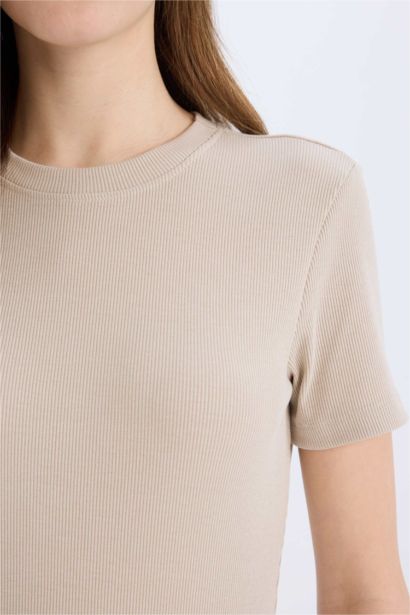 Bodycon Vücudu Saran Bisiklet Yaka Fitilli Kaşkorse Kısa Kollu Mini Elbise