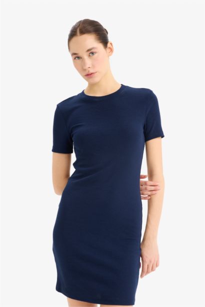 Bodycon Vücudu Saran Bisiklet Yaka Fitilli Kaşkorse Kısa Kollu Mini Elbise