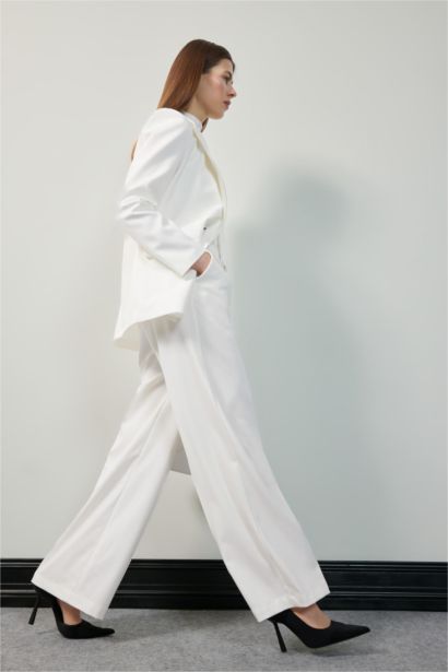 Baggy Fit Fermuarlı Cepli Yüksek Bel Standart Boy Kumaş Palazzo Pantolon