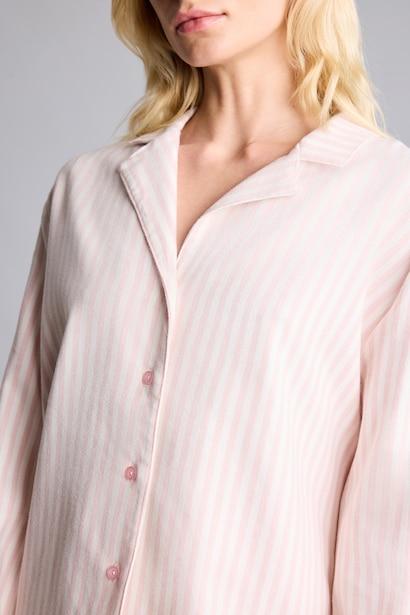 %100 Pamuk Regular Fit Flanel Çizgili Uzun Kollu Üst Uzun Alt Pijama Takımı