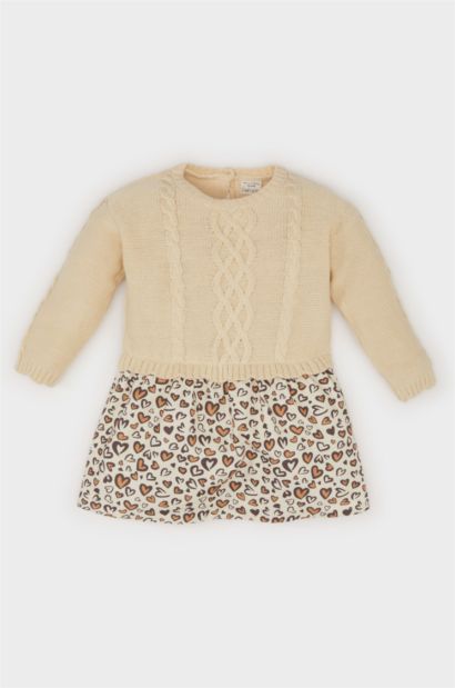 Uzun Kollu Eteği Desenli Triko Elbise Kız Bebek