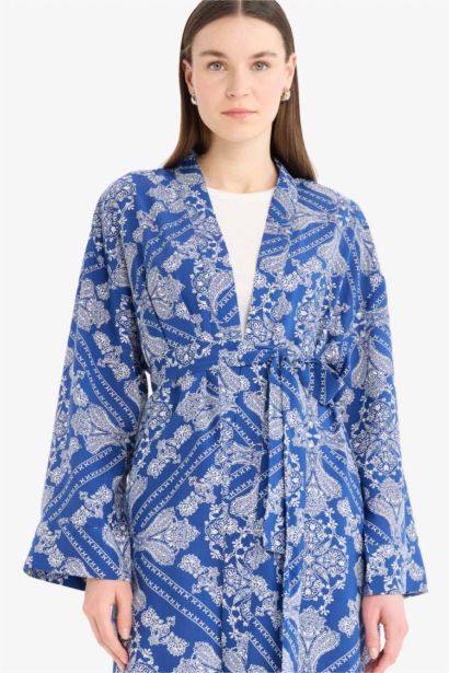 Relax Fit Crew Neck Patterned Viscose Kimono