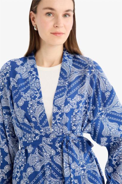 Relax Fit Crew Neck Patterned Viscose Kimono