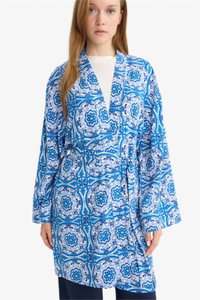 كيمونو فلورال فيسكوز قصة مريحة بياقة مستديرة منقوش أزرق ملكي