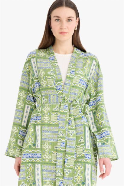 Relax Fit Crew Neck Patterned Viscose Kimono