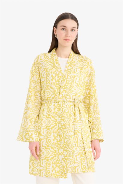 Relax Fit Crew Neck Patterned Viscose Kimono