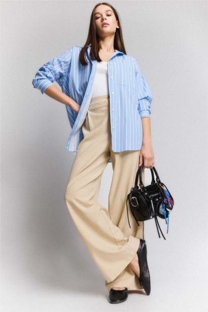 Wide Leg Kumaş Palazzo Pantolon Fermuarlı Normal Bel Standart Boy Geniş Bol Paça