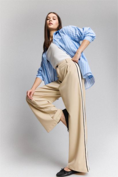 Wide Leg Kumaş Palazzo Pantolon Fermuarlı Normal Bel Standart Boy Geniş Bol Paça