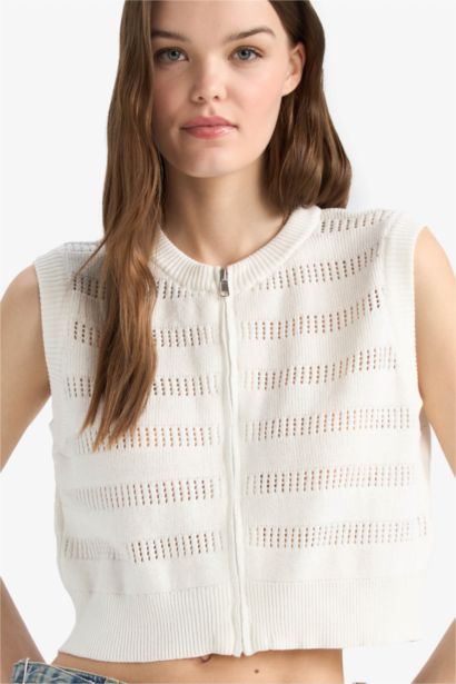 Regular Fit Crew Neck Zippered Knit Vest