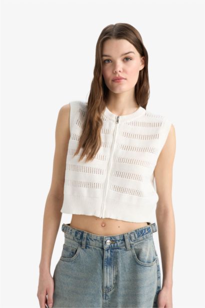 Regular Fit Crew Neck Zippered Knit Vest