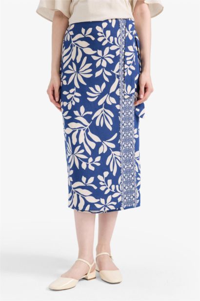 Regular Fit Patterned Linen Blend Midi Skirt