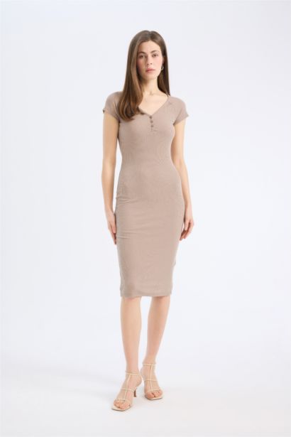 Bodycon Vücudu Saran V Yaka Fitilli Kaşkorse Kısa Kollu Midi Elbise