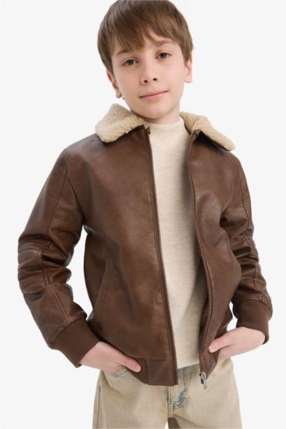 Boy Polo Collar Plush Faux Leather Jacket
