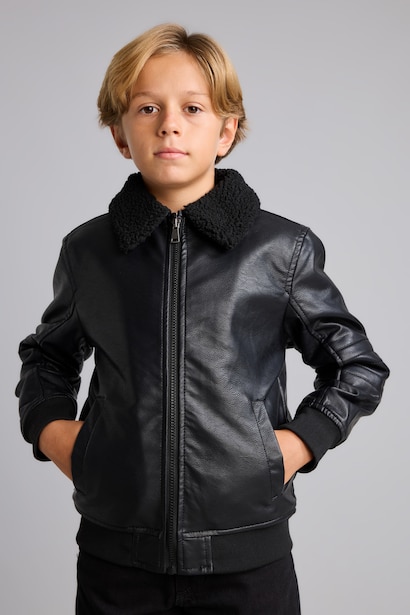 Boys Plush-Lined Polo Collar Jacket