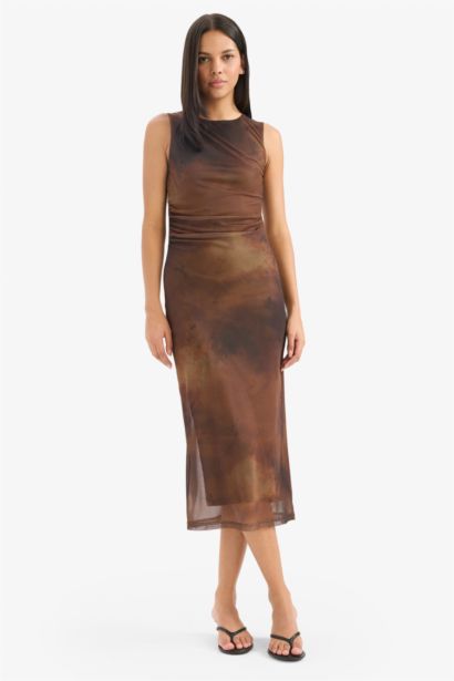 Bodycon Vücudu Saran Bisiklet Yaka Desenli Tül Kolsuz Midi Elbise