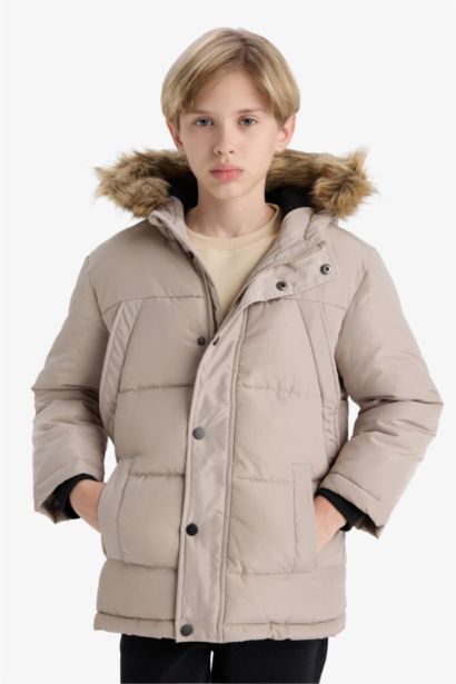 Çıkarılabilir Suni Kürk Yaka Kapüşonlu Polar Astarlı Mont Erkek Çocuk