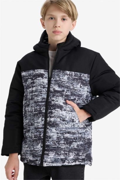 Su İtici Kapüşonlu Fermuarlı Şişme Mont Erkek Çocuk