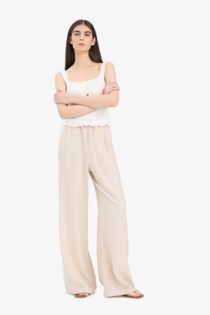 Wide Leg Çift Cepli Yüksek Beli Lastikli Geniş Paça Pantolon