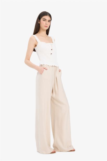 Wide Leg Çift Cepli Yüksek Beli Lastikli Geniş Paça Pantolon