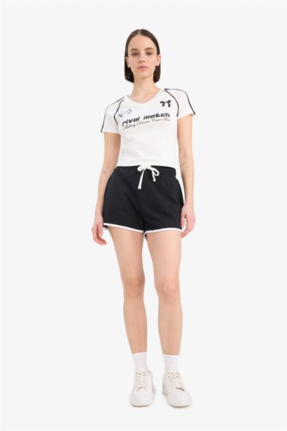 Fitted V Neck Printed Ribbed Short Sleeve T-Shirt